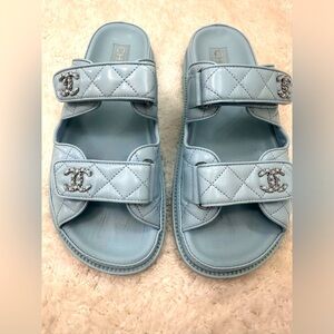Chanel Dad Slides. Silver accents. No backing. Size 38. Light Blue